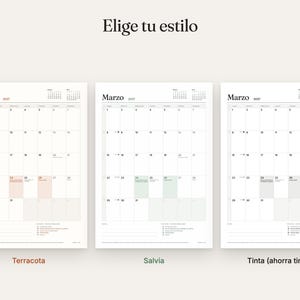 May include: Three monthly calendar pages for March 2027, each with a grid layout. The text 'Elige tu estilo' appears at the top. The calendars are labeled Terracota with peach highlights, Salvia with sage green highlights, and Tinta with gray highlights.