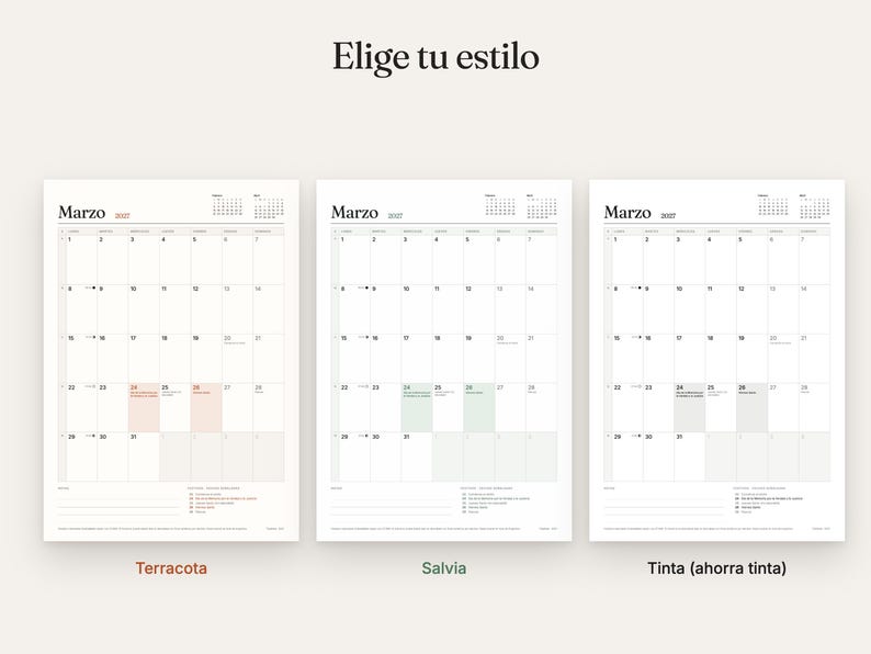 May include: Three monthly calendar pages for March 2027, each with a grid layout. The text 'Elige tu estilo' appears at the top. The calendars are labeled Terracota with peach highlights, Salvia with sage green highlights, and Tinta with gray highlights.