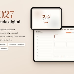 Könnte beinhalten: Ein digitaler Planer für 2027 auf zwei Tablets. Der Text lautet 2027 Agenda digital ESPAÑA, 505 páginas enlazadas, Diaria, semanal y mensual, Festivos de España y fases lunares, 4 colores incluidos, Empieza en lunes, GoodNotes y Notability, Descarga inmediata.