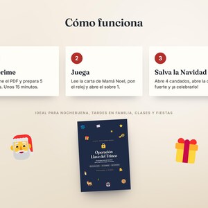 May include: A digital game guide titled Operaci&oacute;n Llave del Trineo with three instructional steps: Imprime, Juega, and Salva la Navidad. The dark blue cover features icons of a key, gift, star, and Santa Claus, with text detailing a PDF activity.
