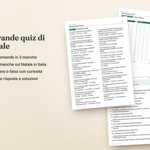 Op de afbeelding: Een gedrukte kerstquizset getiteld Il grande quiz di Natale, met 60 vragen in 3 rondes, 40 waar of niet waar feiten en een antwoordblad. De documenten bevatten meerkeuzevragen in het Italiaans over tradities rondom de feestdagen.