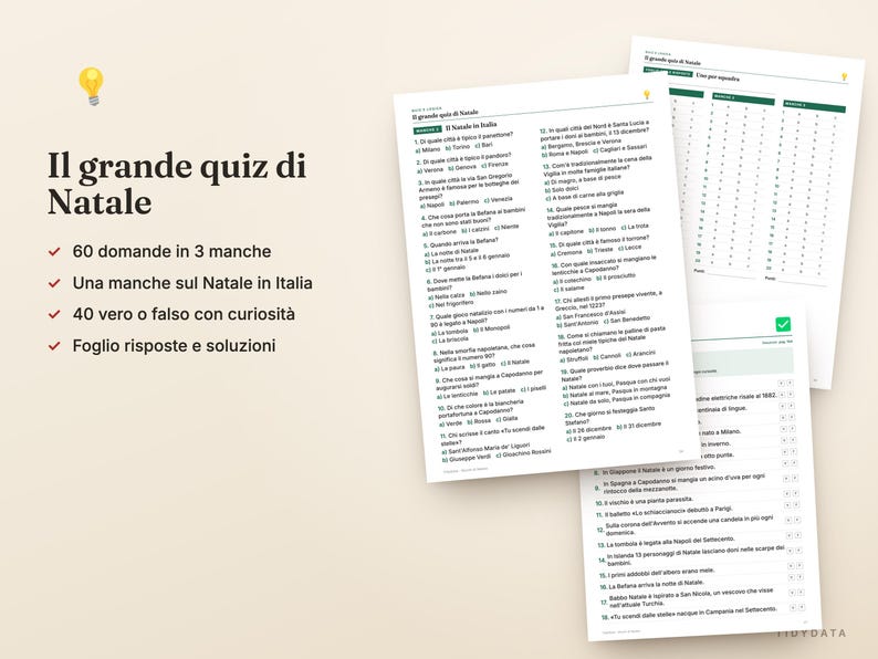 Op de afbeelding: Een gedrukte kerstquizset getiteld Il grande quiz di Natale, met 60 vragen in 3 rondes, 40 waar of niet waar feiten en een antwoordblad. De documenten bevatten meerkeuzevragen in het Italiaans over tradities rondom de feestdagen.