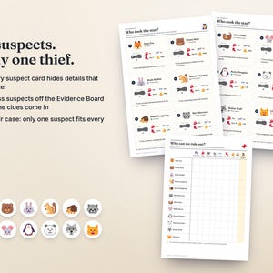 May include: A mystery game set featuring printed suspect cards and an evidence board. The text reads 12 suspects. Only one thief. The cards display animal characters like a fox, bear, rabbit, and squirrel with clues and icons.