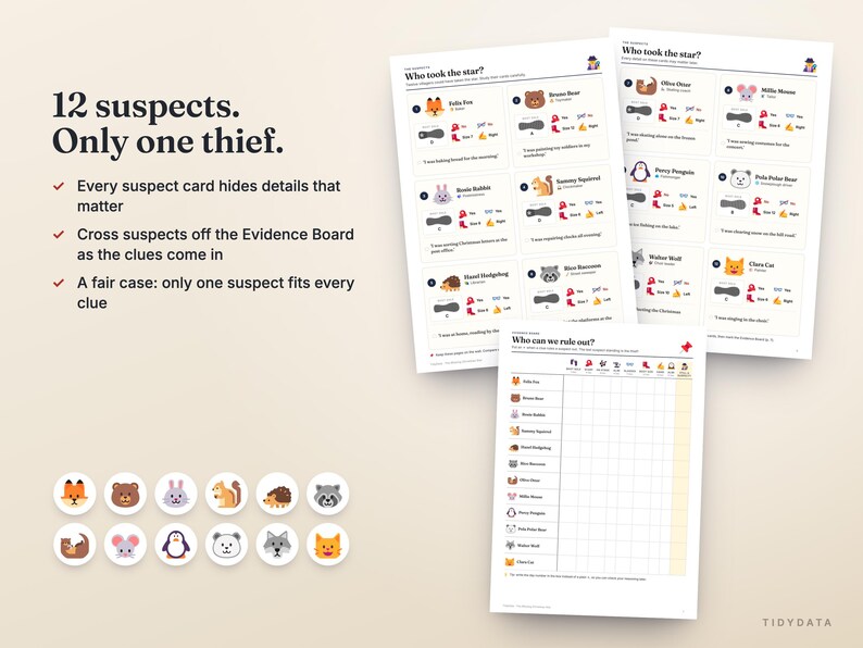 May include: A mystery game set featuring printed suspect cards and an evidence board. The text reads 12 suspects. Only one thief. The cards display animal characters like a fox, bear, rabbit, and squirrel with clues and icons.