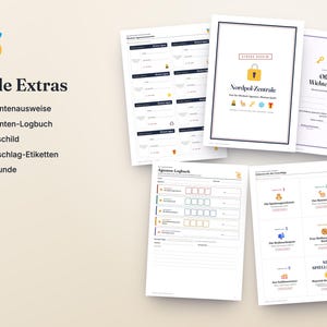 May include: A set of printable documents including agent identification cards, a logbook, a door sign, envelope labels, and a certificate. The pages feature text such as Nordpol-Zentrale, Offizielle Wichtel-Agenten, and Tolle Extras.