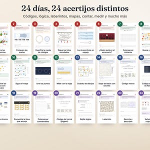 Op de afbeelding: Een verzameling van 24 activiteitenbladen getiteld 24 d&iacute;as, 24 acertijos distintos, met diverse logische puzzels, doolhoven, codes en teltaken genummerd van 1 tot 24, gepresenteerd in een rasterindeling met gekleurde cirkelvormige markeringen.