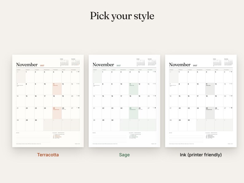 Op de afbeelding: Drie kalenderpagina's voor november 2027 worden naast elkaar weergegeven met de tekst Pick your style erboven. Elke pagina bevat een rasterindeling, een klein maandoverzicht en een notitiesectie. De stijlen zijn gelabeld als Terracotta, Sage en Ink.