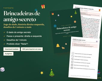 Portugiesische Secret Santa-Spiele zum Ausdrucken · Brincadeiras Amigo Secreto · Weihnachtswürfelspiel und Links-Rechts-Geschichte im PDF-Format