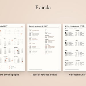 K&ouml;nnte beinhalten: Ein Set aus drei bedruckten Bl&auml;ttern mit einem Kalender f&uuml;r 2027, einer Liste der Feiertage und Daten f&uuml;r 2027 sowie einem Mondkalender f&uuml;r 2027. Der Text enth&auml;lt 'Calend&aacute;rio 2027', 'Feriados e datas de 2027' und 'Calend&aacute;rio lunar 2027'.