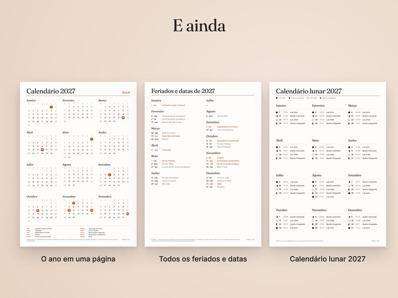K&ouml;nnte beinhalten: Ein Set aus drei bedruckten Bl&auml;ttern mit einem Kalender f&uuml;r 2027, einer Liste der Feiertage und Daten f&uuml;r 2027 sowie einem Mondkalender f&uuml;r 2027. Der Text enth&auml;lt 'Calend&aacute;rio 2027', 'Feriados e datas de 2027' und 'Calend&aacute;rio lunar 2027'.