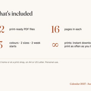 May include: A digital information graphic titled What's included, listing 12 print-ready PDF files, 16 pages in each, 3 colors, 2 sizes, 2 week starts, and infinity symbol for instant download. Text includes Print at home or at a print shop, on A4 or US Letter. Personal use. Calendar 2027 Australia.