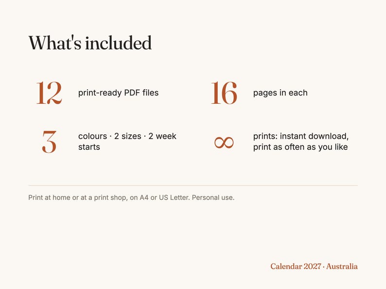 May include: A digital information graphic titled What's included, listing 12 print-ready PDF files, 16 pages in each, 3 colors, 2 sizes, 2 week starts, and infinity symbol for instant download. Text includes Print at home or at a print shop, on A4 or US Letter. Personal use. Calendar 2027 Australia.