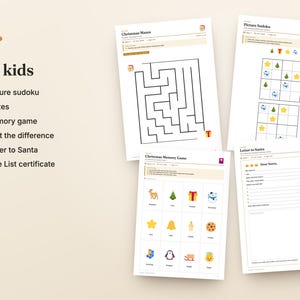 May include: A collection of printable activity sheets for children featuring Christmas themes. The set includes a maze, a picture sudoku puzzle, a memory game with colorful icons, and a letter to Santa template, all displayed on white paper.