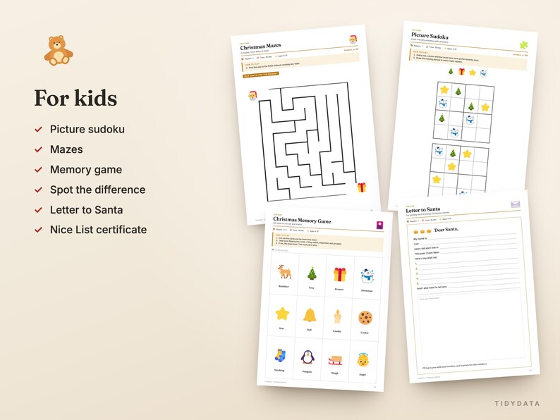 May include: A collection of printable activity sheets for children featuring Christmas themes. The set includes a maze, a picture sudoku puzzle, a memory game with colorful icons, and a letter to Santa template, all displayed on white paper.
