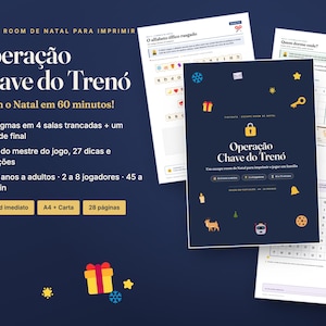 May include: A printable Christmas escape room game titled Opera&ccedil;&atilde;o Chave do Tren&oacute;, featuring a dark blue cover with yellow icons, including a lock, gift, and key, alongside several game sheets with puzzles, word searches, and logic grids.
