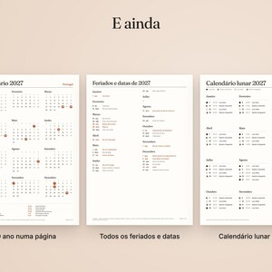 May include: Three white pages featuring a 2027 calendar, a list of holidays and dates for 2027, and a 2027 lunar calendar. The text includes 'E ainda', 'Calend&aacute;rio 2027', 'Feriados e datas de 2027', 'Calend&aacute;rio lunar 2027', 'O ano numa p&aacute;gina', and 'Todos os feriados e datas'.