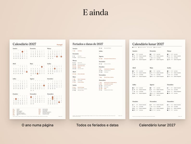 May include: Three white pages featuring a 2027 calendar, a list of holidays and dates for 2027, and a 2027 lunar calendar. The text includes 'E ainda', 'Calend&aacute;rio 2027', 'Feriados e datas de 2027', 'Calend&aacute;rio lunar 2027', 'O ano numa p&aacute;gina', and 'Todos os feriados e datas'.