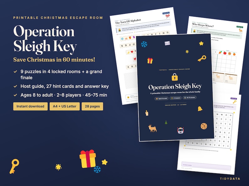 Op de afbeelding: Een printbare kerst escape room set genaamd Operation Sleigh Key, bestaande uit 28 pagina's met puzzels, een handleiding, hintkaarten en antwoorden. De donkerblauwe omslag toont een gouden slotpictogram en feestelijke afbeeldingen.