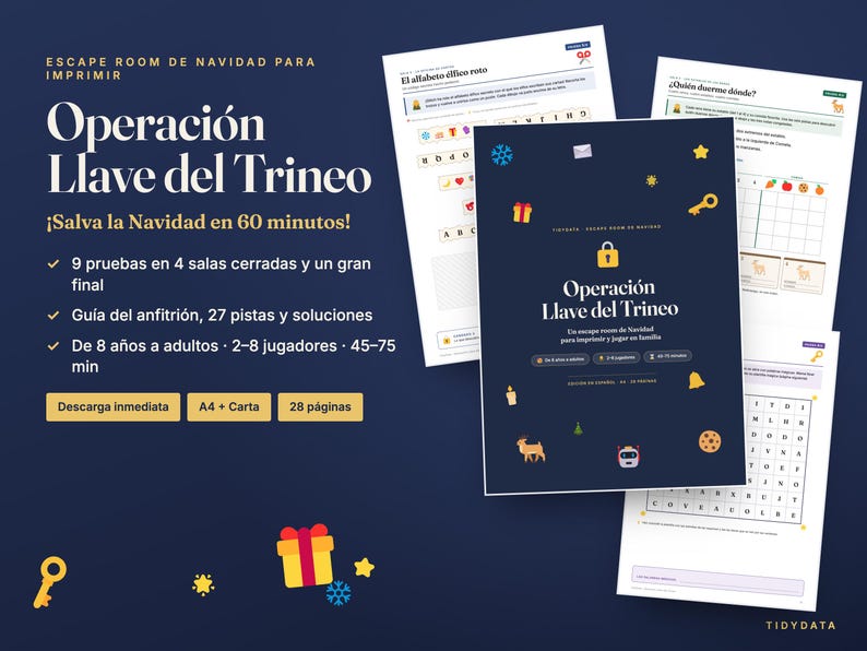 May include: A printable Christmas escape room kit titled Operaci&oacute;n Llave del Trineo, featuring a dark blue cover page with gold icons, alongside three white activity sheets with puzzles, word searches, and logic games for group play.