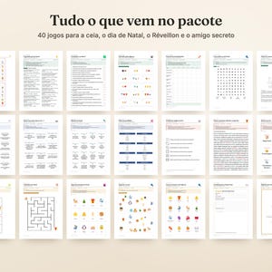 May include: A collection of 40 printable game sheets for holiday gatherings, featuring various activities like word searches, mazes, and trivia. The header reads "Tudo o que vem no pacote" followed by "40 jogos para a ceia, o dia de Natal, o R&eacute;veillon e o amigo secreto."
