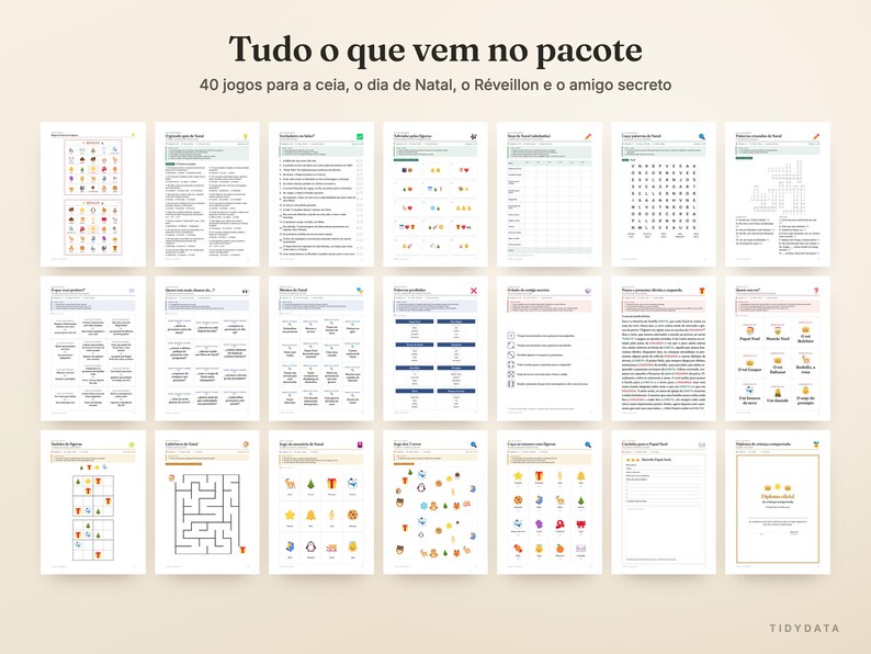 May include: A collection of 40 printable game sheets for holiday gatherings, featuring various activities like word searches, mazes, and trivia. The header reads "Tudo o que vem no pacote" followed by "40 jogos para a ceia, o dia de Natal, o R&eacute;veillon e o amigo secreto."