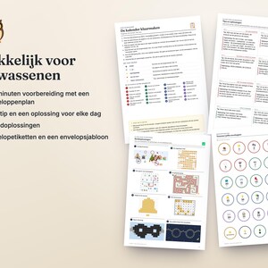 May include: A set of printed instructional sheets and activity pages featuring an owl icon, the text Makkelijk voor volwassenen, and various numbered circles, mazes, and grids. The documents provide guidance for an envelope-based calendar system.