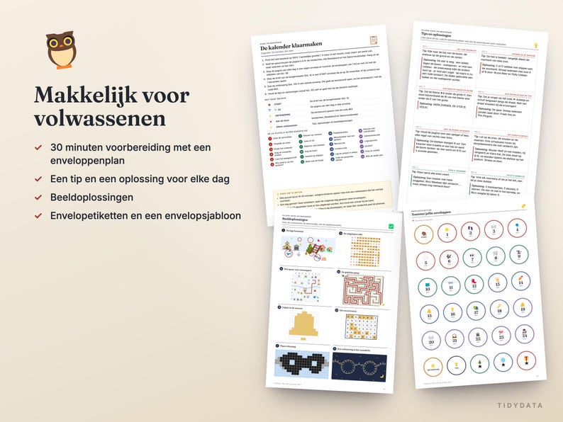 May include: A set of printed instructional sheets and activity pages featuring an owl icon, the text Makkelijk voor volwassenen, and various numbered circles, mazes, and grids. The documents provide guidance for an envelope-based calendar system.