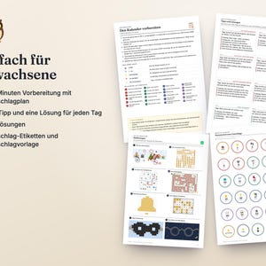 Puede incluir: Un conjunto de hojas de actividades impresas para un calendario de adviento con un icono de b&uacute;ho, el texto Einfach f&uuml;r Erwachsene, varias tareas diarias, rompecabezas y etiquetas circulares numeradas con iconos coloridos para organizar.