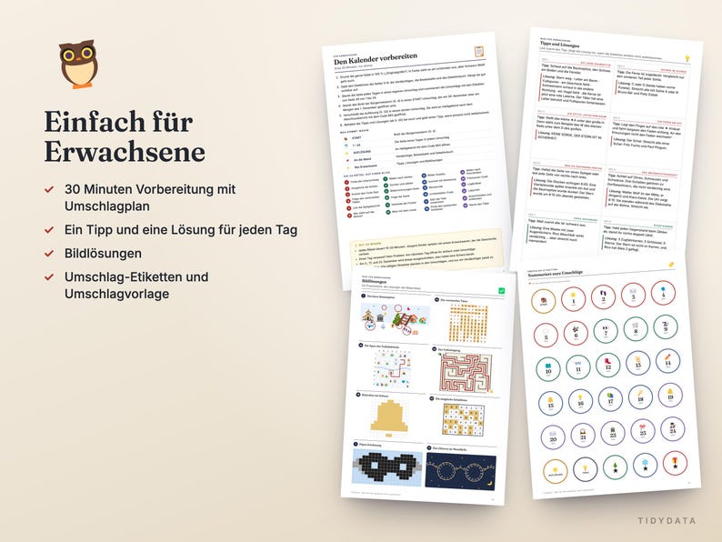 Puede incluir: Un conjunto de hojas de actividades impresas para un calendario de adviento con un icono de b&uacute;ho, el texto Einfach f&uuml;r Erwachsene, varias tareas diarias, rompecabezas y etiquetas circulares numeradas con iconos coloridos para organizar.