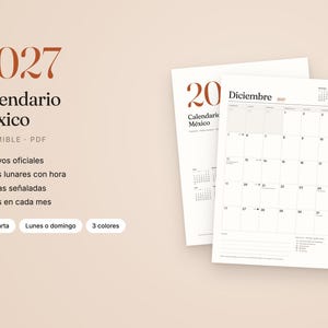 May include: A 2027 Mexico calendar printable PDF featuring a monthly grid for December. The text includes 2027, Calendario M&eacute;xico, Imprimible, PDF, Festivos oficiales, Fases lunares con hora, Fechas se&ntilde;aladas, Notas en cada mes, A4 y Carta, Lunes o domingo, 3 colores.