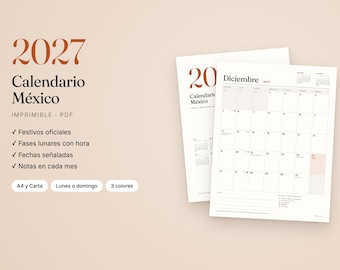 May include: A 2027 Mexico calendar printable PDF featuring a monthly grid for December. The text includes 2027, Calendario México, Imprimible, PDF, Festivos oficiales, Fases lunares con hora, Fechas señaladas, Notas en cada mes, A4 y Carta, Lunes o domingo, 3 colores.