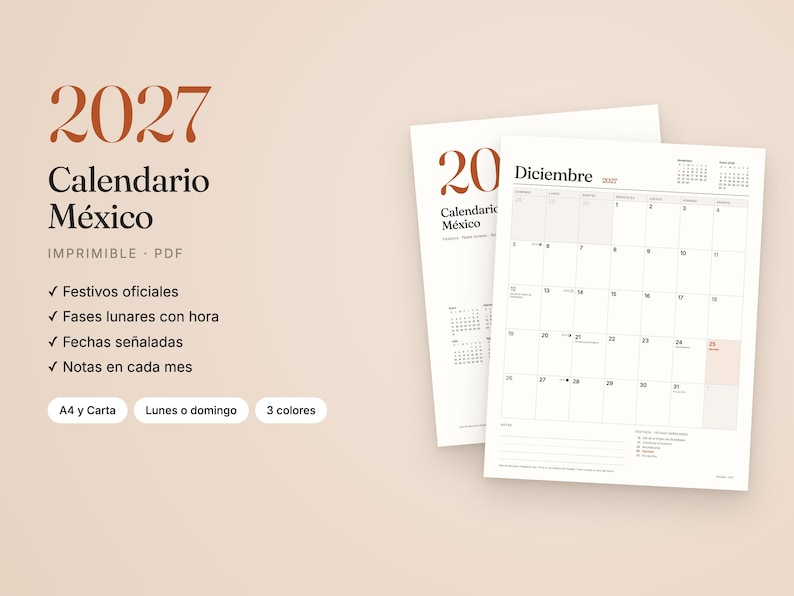 May include: A 2027 Mexico calendar printable PDF featuring a monthly grid for December. The text includes 2027, Calendario M&eacute;xico, Imprimible, PDF, Festivos oficiales, Fases lunares con hora, Fechas se&ntilde;aladas, Notas en cada mes, A4 y Carta, Lunes o domingo, 3 colores.