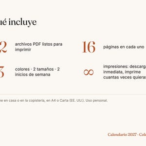Peut inclure: Un graphique d'information produit num&eacute;rique pour un calendrier Colombie 2027. Le texte comprend : Qu&eacute; incluye, 12 archivos PDF listos para imprimir, 16 p&aacute;ginas en cada uno, 3 colores, 2 tama&ntilde;os, 2 inicios de semana, impresiones: descarga inmediata, imprime cuantas veces quieras, Imprime en casa o en la copister&iacute;a, en A4 o Carta (EE. UU.). Uso personal. Calendario 2027 &middot; Colombia.