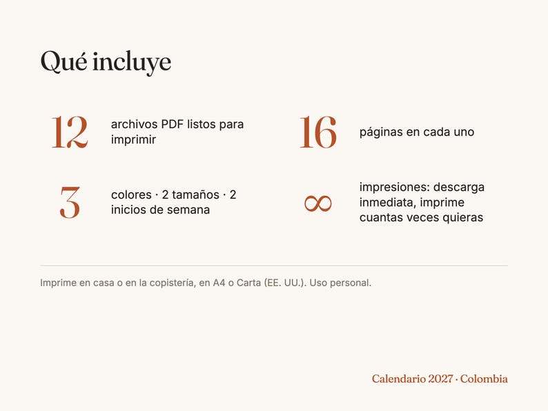 Peut inclure: Un graphique d'information produit num&eacute;rique pour un calendrier Colombie 2027. Le texte comprend : Qu&eacute; incluye, 12 archivos PDF listos para imprimir, 16 p&aacute;ginas en cada uno, 3 colores, 2 tama&ntilde;os, 2 inicios de semana, impresiones: descarga inmediata, imprime cuantas veces quieras, Imprime en casa o en la copister&iacute;a, en A4 o Carta (EE. UU.). Uso personal. Calendario 2027 &middot; Colombia.