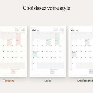 May include: Three vertical calendar pages for May 2027, each featuring a grid layout with specific color-coded highlights in terracotta, sage green, and ink gray. The text reads "Choisissez votre style" at the top, with labels below.