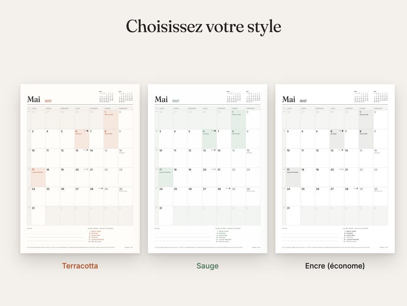 May include: Three vertical calendar pages for May 2027, each featuring a grid layout with specific color-coded highlights in terracotta, sage green, and ink gray. The text reads "Choisissez votre style" at the top, with labels below.