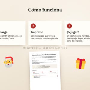 May include: A digital instructional graphic titled C&oacute;mo funciona with three numbered steps: 1. Descarga, 2. Imprime, 3. &iexcl;A jugar! It includes a Santa Claus icon, a gift box icon, and a document preview with Spanish text about Christmas games.