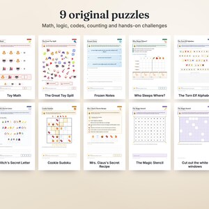 Op de afbeelding: Een verzameling van 9 originele puzzelvellen met uitdagingen op het gebied van wiskunde, logica, codes en tellen. De titels zijn Toy Math, The Great Toy Spill, Frozen Notes, Who Sleeps Where?, The Torn Elf Alphabet, Glitch's Secret Letter, Cookie Sudoku, Mrs. Claus's Secret Recipe en The Magic Stencil.