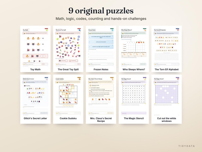 Op de afbeelding: Een verzameling van 9 originele puzzelvellen met uitdagingen op het gebied van wiskunde, logica, codes en tellen. De titels zijn Toy Math, The Great Toy Spill, Frozen Notes, Who Sleeps Where?, The Torn Elf Alphabet, Glitch's Secret Letter, Cookie Sudoku, Mrs. Claus's Secret Recipe en The Magic Stencil.
