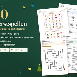 May include: A digital collection of 40 printable Christmas games in Dutch, featuring bingo cards with holiday icons, a maze, and quiz sheets. The dark green background displays the text 40 Kerstspellen om te printen in het Nederlands.