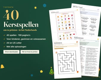 May include: A digital collection of 40 printable Christmas games in Dutch, featuring bingo cards with holiday icons, a maze, and quiz sheets. The dark green background displays the text 40 Kerstspellen om te printen in het Nederlands.