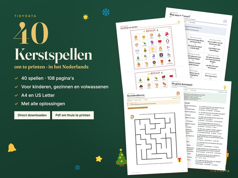 May include: A digital collection of 40 printable Christmas games in Dutch, featuring bingo cards with holiday icons, a maze, and quiz sheets. The dark green background displays the text 40 Kerstspellen om te printen in het Nederlands.