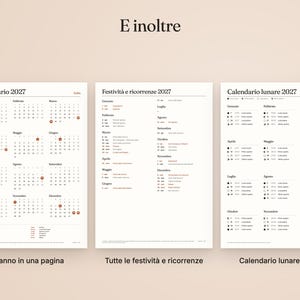 May include: Three white sheets featuring black text and grids. The first sheet is a 2027 calendar, the second lists holidays and observances for 2027, and the third is a 2027 lunar calendar. The text includes 'E inoltre', 'Calendario 2027', 'Festivit&agrave; e ricorrenze 2027', and 'Calendario lunare 2027'.