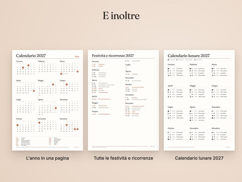 May include: Three white sheets featuring black text and grids. The first sheet is a 2027 calendar, the second lists holidays and observances for 2027, and the third is a 2027 lunar calendar. The text includes 'E inoltre', 'Calendario 2027', 'Festivit&agrave; e ricorrenze 2027', and 'Calendario lunare 2027'.