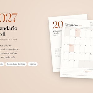 K&ouml;nnte beinhalten: Ein druckbarer Kalender f&uuml;r 2027 f&uuml;r Brasilien mit einem klaren Layout, das den Monat November zeigt. Das Design enth&auml;lt Text auf Portugiesisch, ein Datumsraster, Mondphasen und Abschnitte f&uuml;r Notizen auf wei&szlig;en Papierb&ouml;gen.