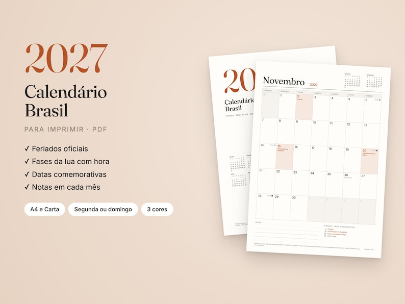 K&ouml;nnte beinhalten: Ein druckbarer Kalender f&uuml;r 2027 f&uuml;r Brasilien mit einem klaren Layout, das den Monat November zeigt. Das Design enth&auml;lt Text auf Portugiesisch, ein Datumsraster, Mondphasen und Abschnitte f&uuml;r Notizen auf wei&szlig;en Papierb&ouml;gen.