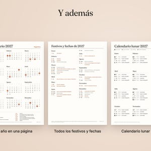 May include: Three white pages featuring the 2027 calendar, a list of holidays and dates for 2027, and the 2027 lunar calendar. The text includes 'Y adem&aacute;s', 'Calendario 2027', 'Festivos y fechas de 2027', and 'Calendario lunar 2027'.