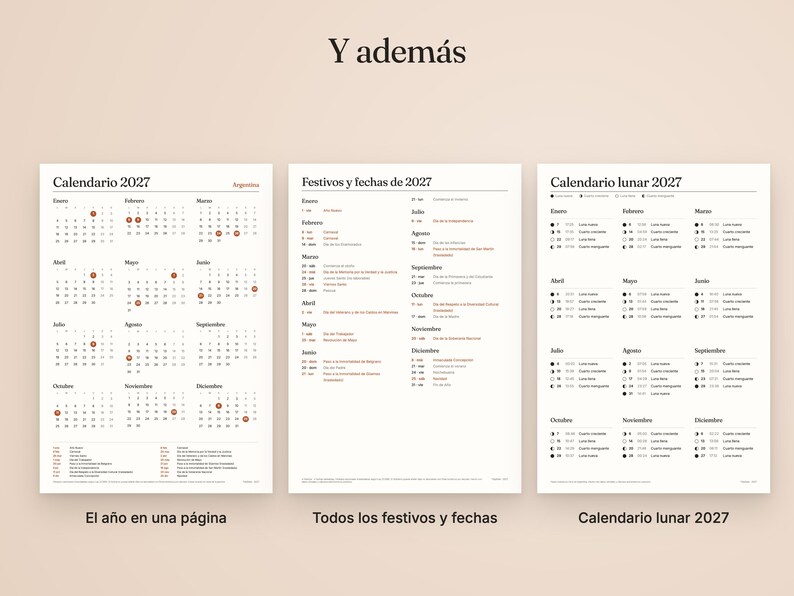 May include: Three white pages featuring the 2027 calendar, a list of holidays and dates for 2027, and the 2027 lunar calendar. The text includes 'Y adem&aacute;s', 'Calendario 2027', 'Festivos y fechas de 2027', and 'Calendario lunar 2027'.