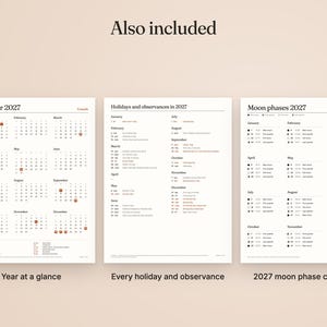 May include: Three printed pages titled Also included, featuring a 2027 calendar with Canadian holidays, a list of holidays and observances in 2027, and a 2027 moon phases calendar. The documents use black text on a light beige background.