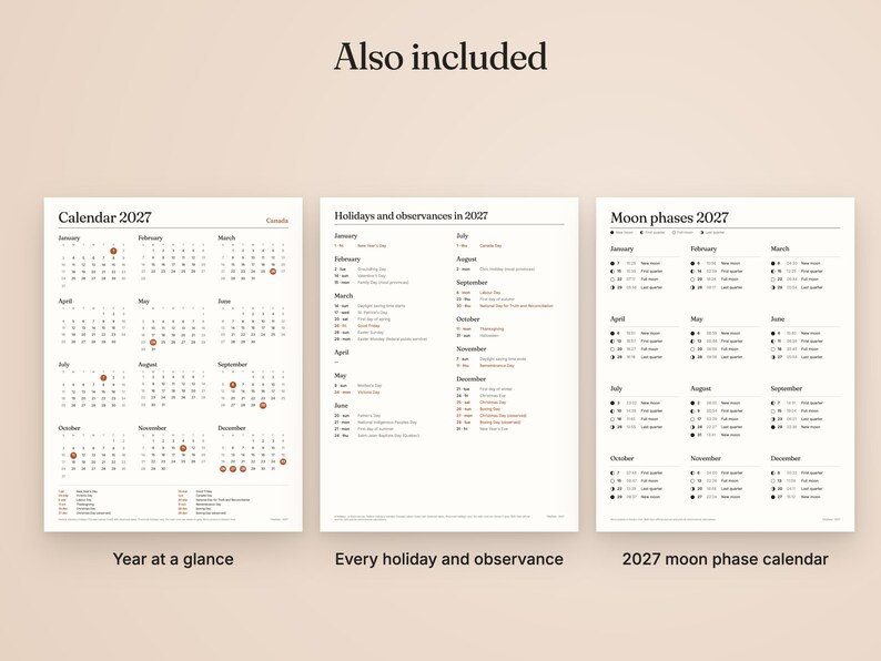 May include: Three printed pages titled Also included, featuring a 2027 calendar with Canadian holidays, a list of holidays and observances in 2027, and a 2027 moon phases calendar. The documents use black text on a light beige background.